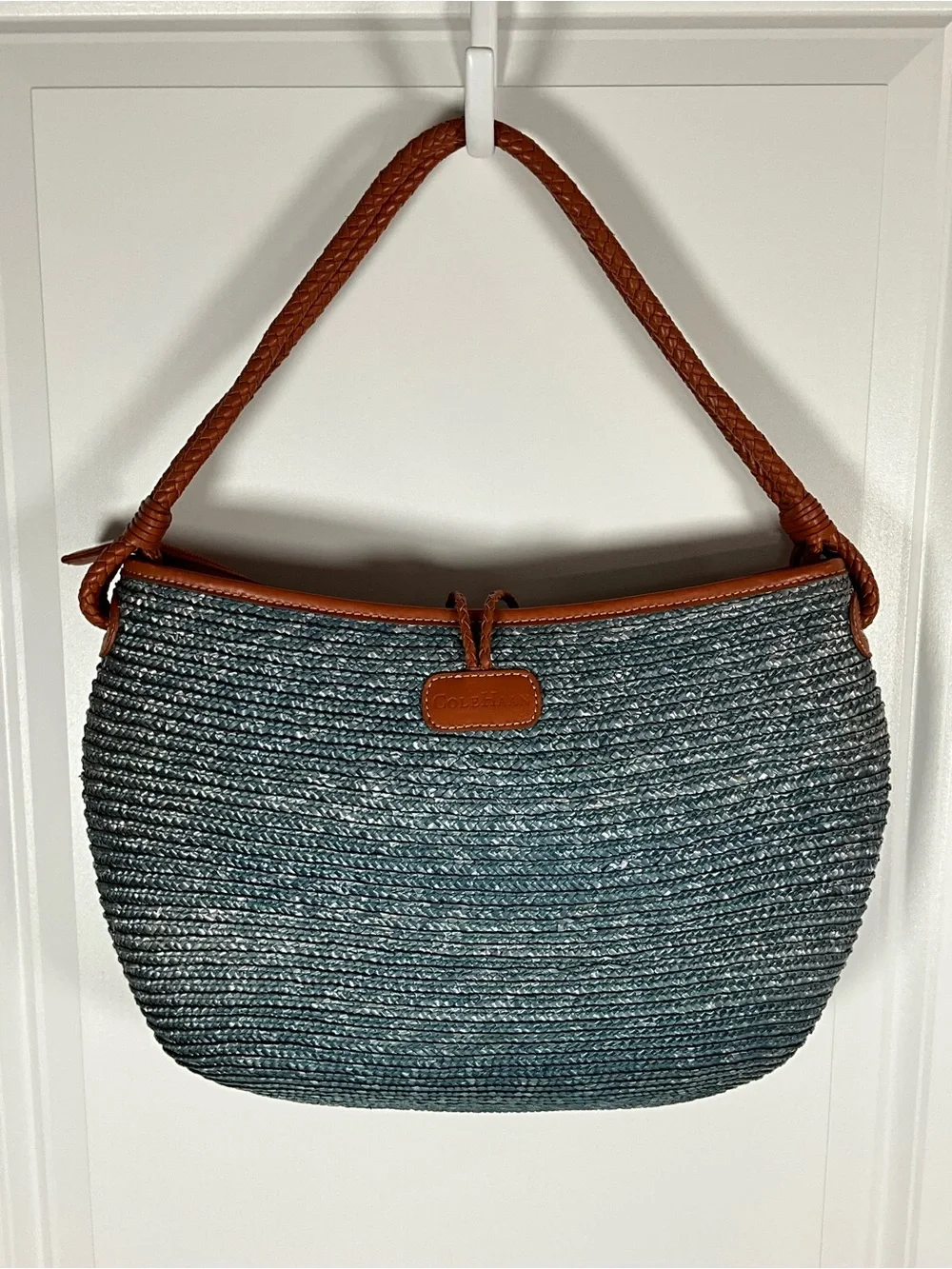 Cole Haan Blue/Gray Woven Straw Raffia Shoulder Bag with Brown Trim